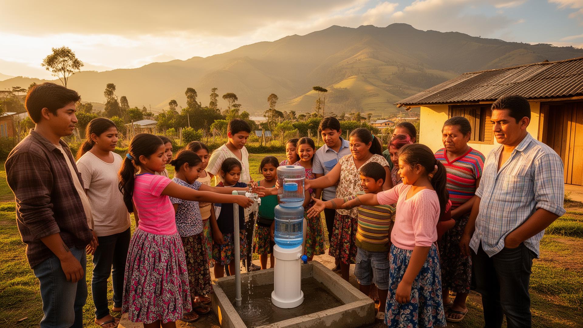 Comunidad de Susa reunida alrededor de un filtro de agua recién instalado